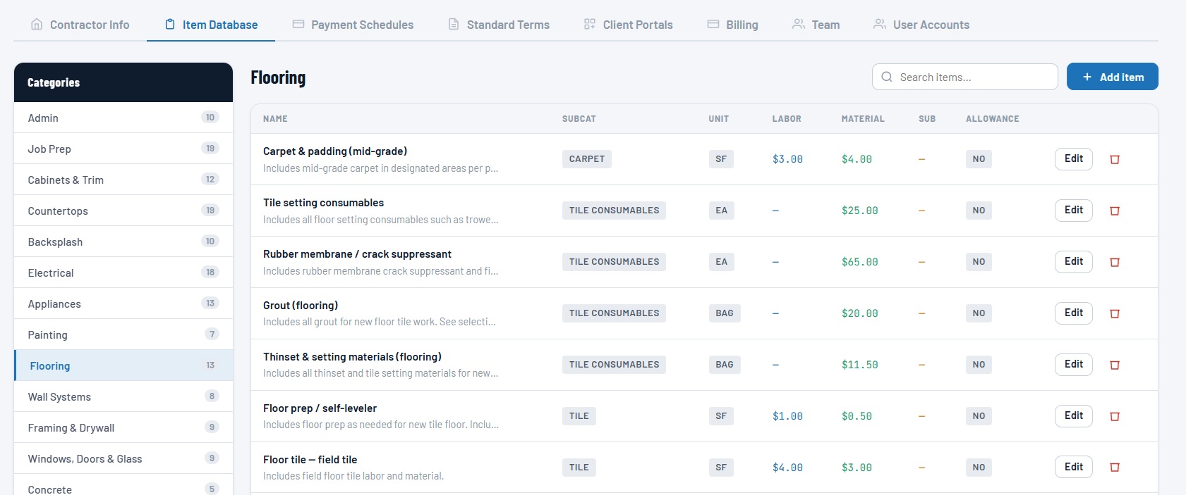 Item database with categories, labor, and material costs